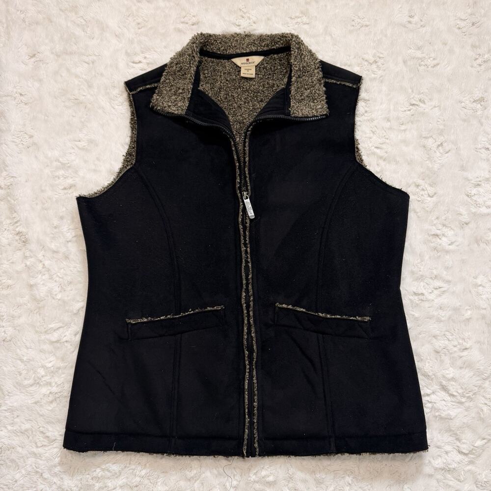 Woolrich Women’s Black Full Zip Lined Suede Vest Mid-Length Logo Size M